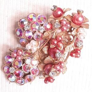 Flowery AB Rhinestone Cluster Brooch Multicolor Stones And Pearly Beads